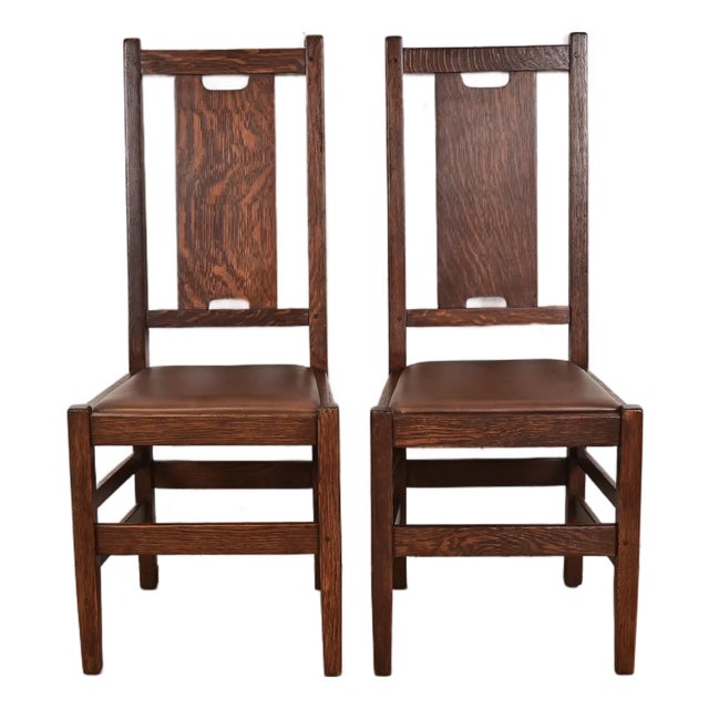 Gustav Stickley Antique Mission Oak Arts & Crafts H-Back Dining Chairs With Leather Seats, Pair For Sale