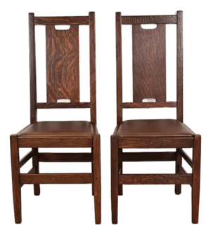 Gustav Stickley Antique Mission Oak Arts & Crafts H-Back Dining Chairs With Leather Seats, Pair