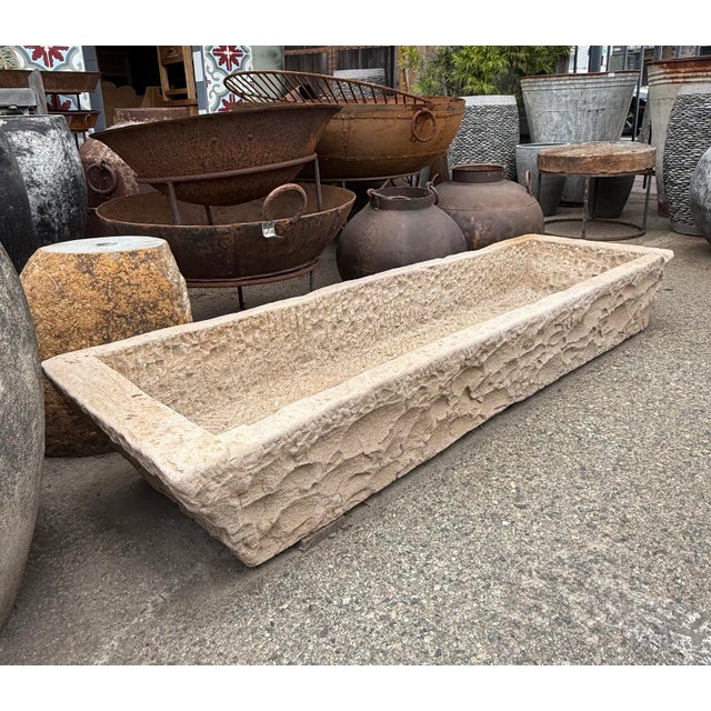 Vintage Large Rustic Chiseled Stone Trough Outdoor Planter For Sale - Image 4 of 5