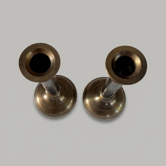 1980s Vintage Neoclassical Brass and Black Metal Column Candlesticks, 1980s, Set of 2 For Sale - Image 5 of 10
