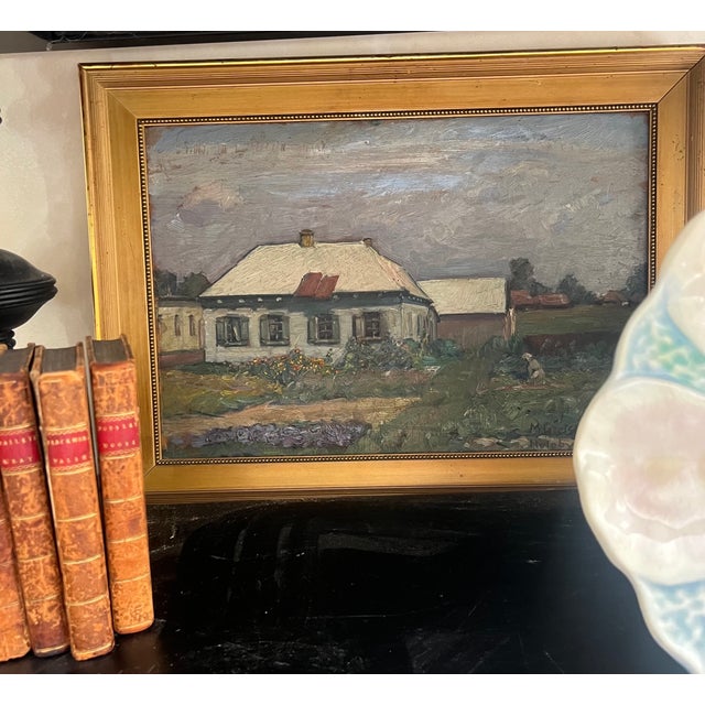 Landscape oil painting on board, painted in 1918 by German artist Max Gretschel (1883-1995). The painting is of a cottage...