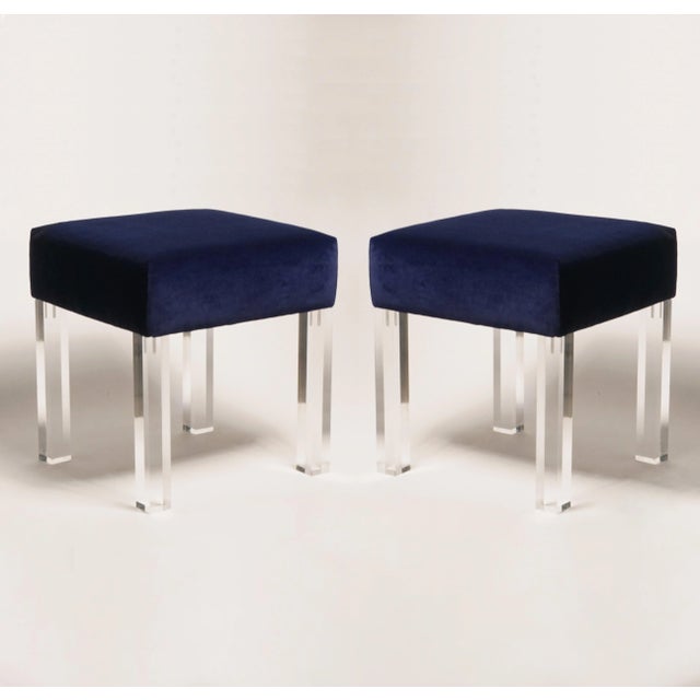 2020s Navy Velvet Low Stools With Lucite Legs, Pair For Sale - Image 5 of 5