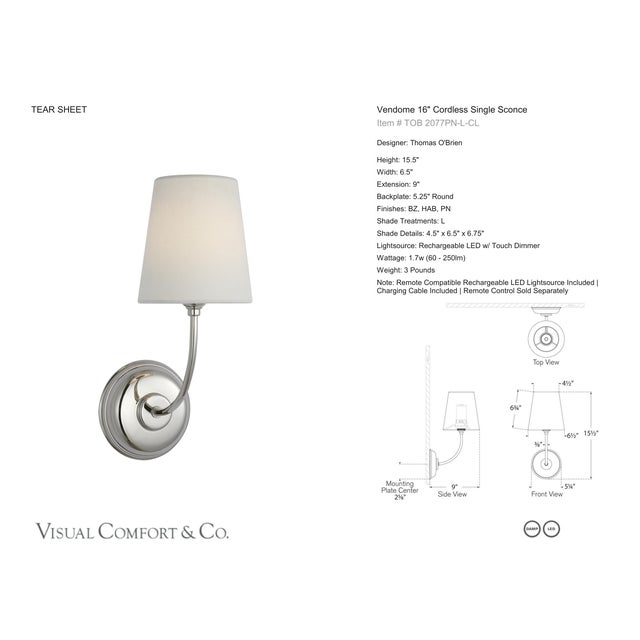 Metal Thomas O'Brien for Visual Comfort Signature Vendome 16" Cordless Single Sconce in Polished Nickel with Linen Shade For Sale - Image 7 of 8