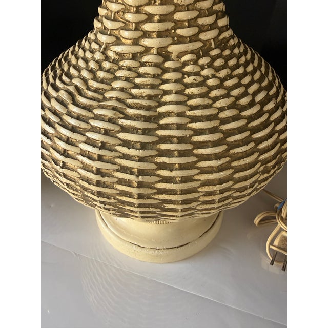 Gorgeous Impressive Mid Century Ceramic Table Lamps Pair in Basketweave. 24” tall to socket x 8” at center. No makers marks .