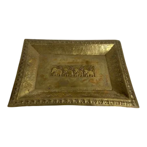 Vintage Brass Tray Indian Mughal Elephants Motif Engraved Serving Platter