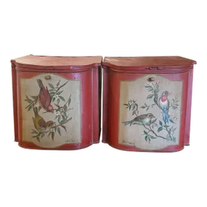 Mid 20th Century Pair of Mid-Century English Hand Painted Tole Tea Boxes With Bird Decor