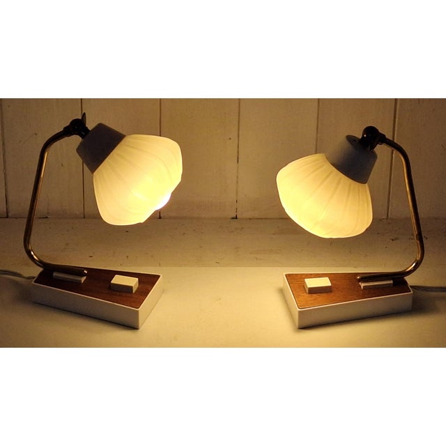 Mid-Century Modern Vintage German Bedside Lamps with Plastic Base, Teak Top, Brass Bracket and White Plastic Mounting, 1960s, Set of 2 For Sale - Image 3 of 7