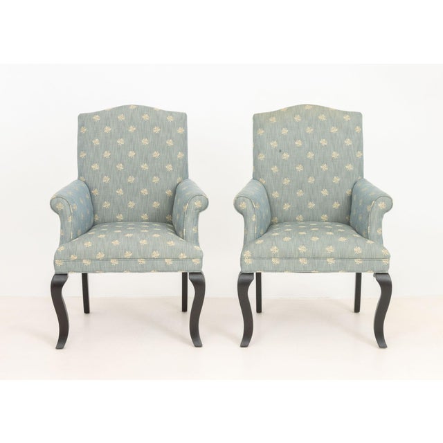 Pair of Mitchell Gold Blue Upholstered Arm Chairs, each with label to underside and upon ebonized cabriole legs. 40" H x...