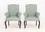 Pair of Mitchell Gold Blue Upholstered Arm Chairs, each with label to underside and upon ebonized cabriole legs. 40" H x...