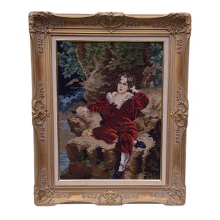 1970s Needlepoint: 17th Century Young Gentleman in Repose, Framed For Sale