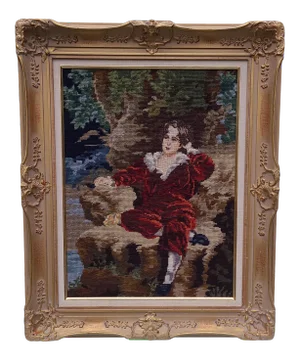 1970s Needlepoint: 17th Century Young Gentleman in Repose, Framed