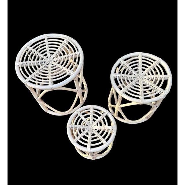 Wood Set of 3 Bent Bamboo Nesting Tables Stools Cane and Rattan Plant Stand For Sale - Image 7 of 9