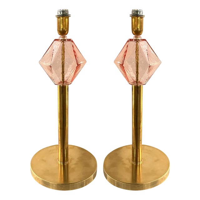 Italian Pink Murano Style Glass Table Lamps with Unlaquered Brass by Simoeng, Set of 2 For Sale