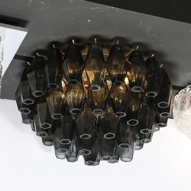Modernist Handblown Murano Smoked Glass Polyhedral Flush Mount W/ Brass Fittings For Sale - Image 4 of 16