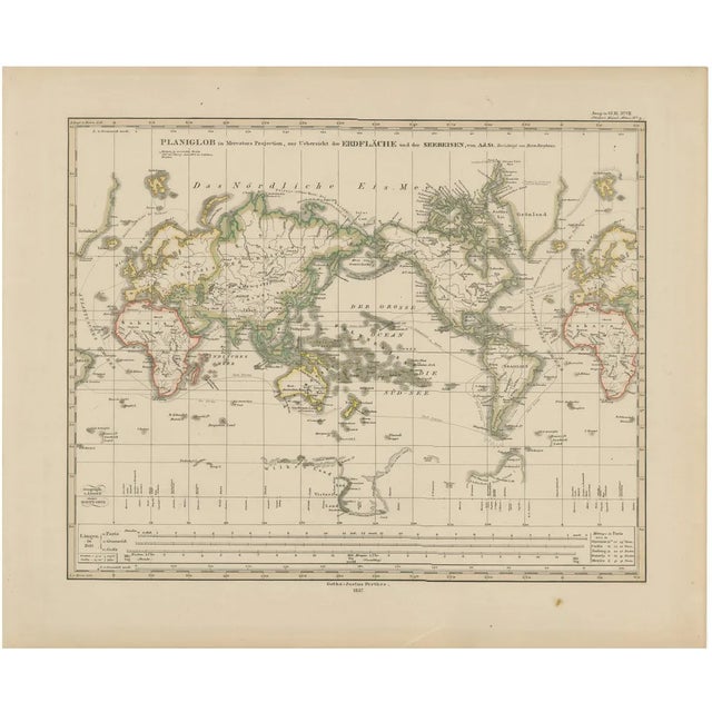 Antique World Map Mercator Projection with Global Sea Routes by Adolf Stieler, 1857 For Sale
