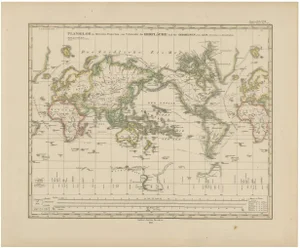 Antique World Map Mercator Projection with Global Sea Routes by Adolf Stieler, 1857