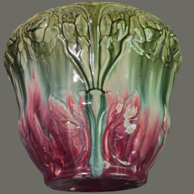 Mid 20th Century Vintage Majolica Jardinière Planter High-Relief Art Nouveau Floral Marked Numbered For Sale - Image 5 of 8