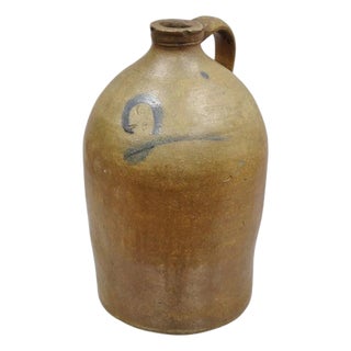 Antique Stoneware Pottery 2 Gallon Water Jug Pitcher Cobalt Blue Painted "2" For Sale