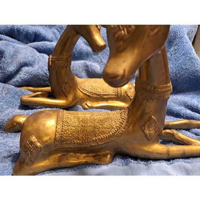 Sarreid attributed solid brass ornate large set of two sitting stag horned deer heavy 10 lbs.14"x12x6" second one measures...