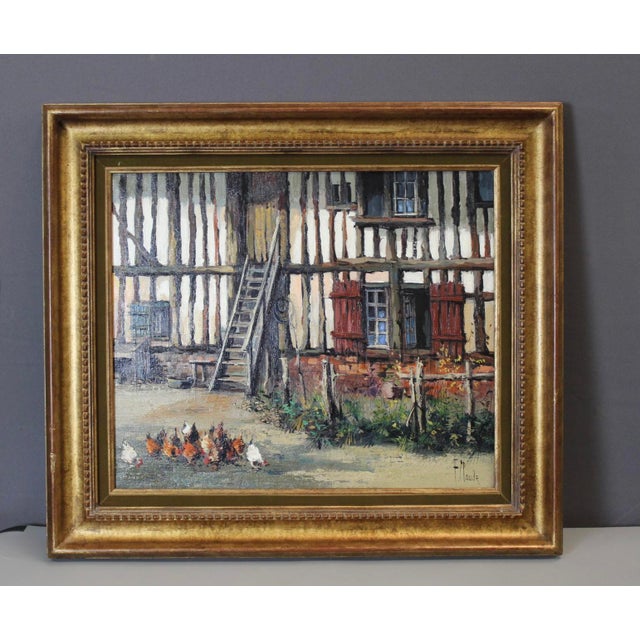 F. Claude, Farmyard with Chickens, 1950s, Oil on Canvas For Sale - Image 8 of 10