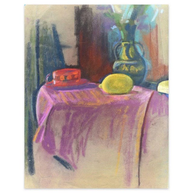 Still Life with Lemon and Hat is beautiful original oil pastel and chalk drawing on ivory-colored paper, realized by an...