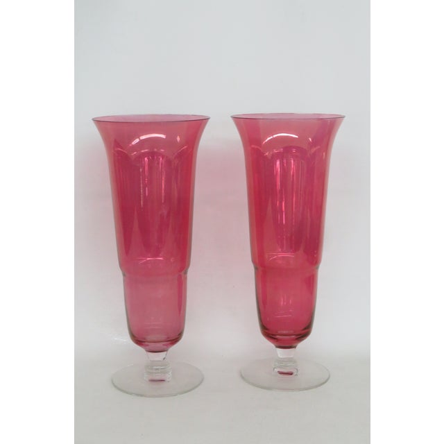 Pink Flash Optic Glass Footed Vases Pair of 2 Mid Century Modern Style 5078b For Sale - Image 13 of 13