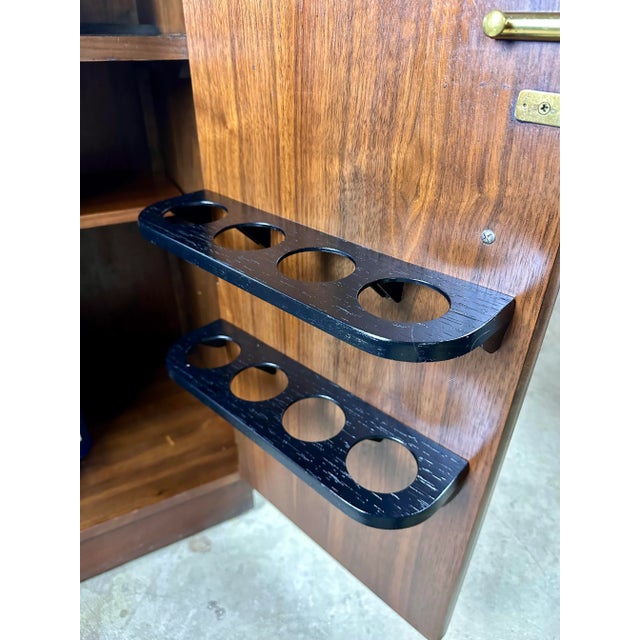 Mid Century Modern Walnut Rolling Bar Cabinet With Glasses by Lane For Sale - Image 9 of 12