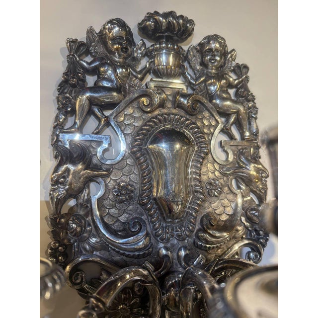 1900 Caldwell Silver Plated Sconces With Cherubs 3 Lights - a Pair For Sale - Image 9 of 12
