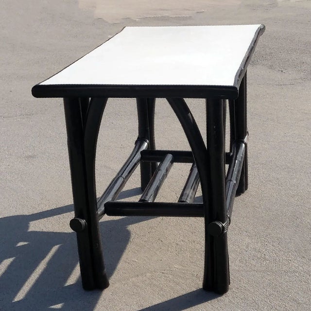 Mid-Century Modern Black Rattan Rectangular Two Tiered White Formica Topped Side Coffee Table For Sale - Image 3 of 8