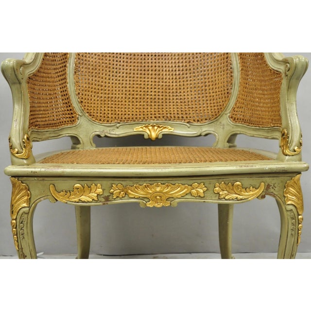 Vintage French Louis XV Style Green Painted Gold Gilt Cane Bergere Arm Chair For Sale - Image 10 of 17