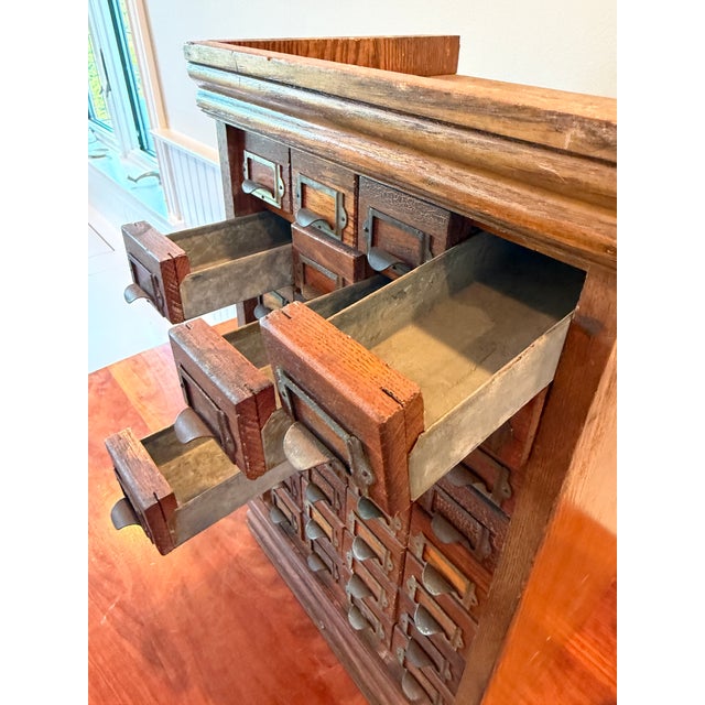 Wood Antique 32-Drawer Oak Hardware Parts Cabinet by W.C. Heller Co. For Sale - Image 7 of 17