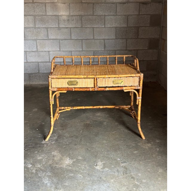 English 1980s British Colonial Style Burnt Bamboo and Cane Desk/ Vanity For Sale - Image 3 of 12