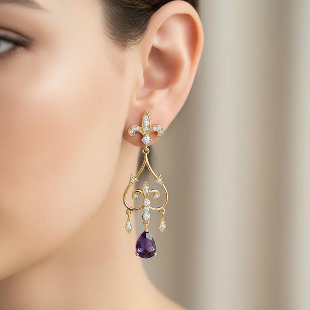 Fleur De Lis Chandelier Earrings Studs With Amethyst in Silver, Gold, A Pair For Sale - Image 4 of 6