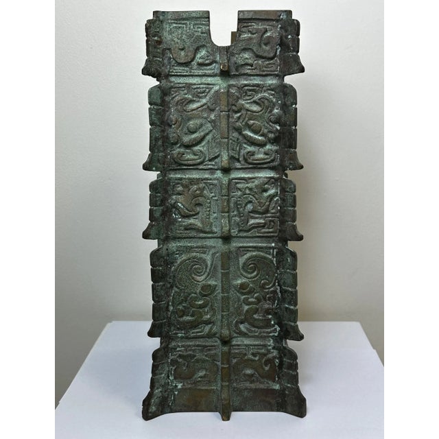 Chinese Early 20th Century Small Chinese Bronze Patina Lamp Base Sculpture With Verdigris Patina For Sale - Image 3 of 11