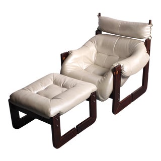 Percival Lafer Rosewood Framed Lounge Chair & Ottoman in Pearlescent Ivory For Sale