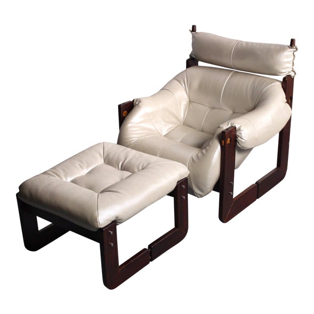 Percival Lafer Rosewood Framed Lounge Chair & Ottoman in Pearlescent Ivory For Sale