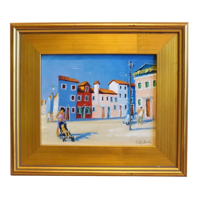 Colorful Mediterranean Seaside Village Cityscape Painting W/ Antiqued Gold Wood Frame For Sale