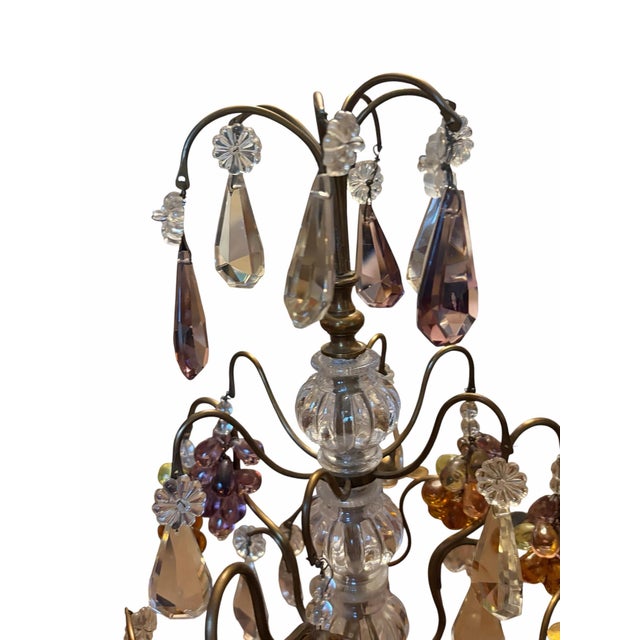 Glass Pair 3-Arm French Gilt Brass Crystal Fruit and Crystal Candelabra, Made in France, Mid-Century Hollywood Regency For Sale - Image 7 of 12