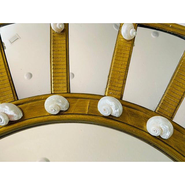 White 1970s 35” Round Bevelled Mirror With Turbo Sra Shells Mother of Pearl For Sale - Image 8 of 8