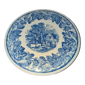 1990s Spode Blue Collection Cake Plate With Rural Scene