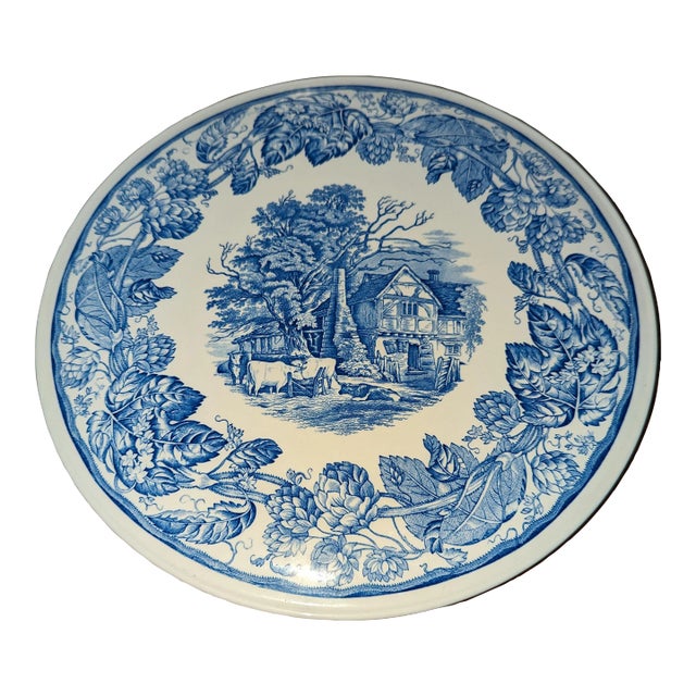 90s Spode Blue Collection Porcelain Cake Plate With Rural Scene For Sale