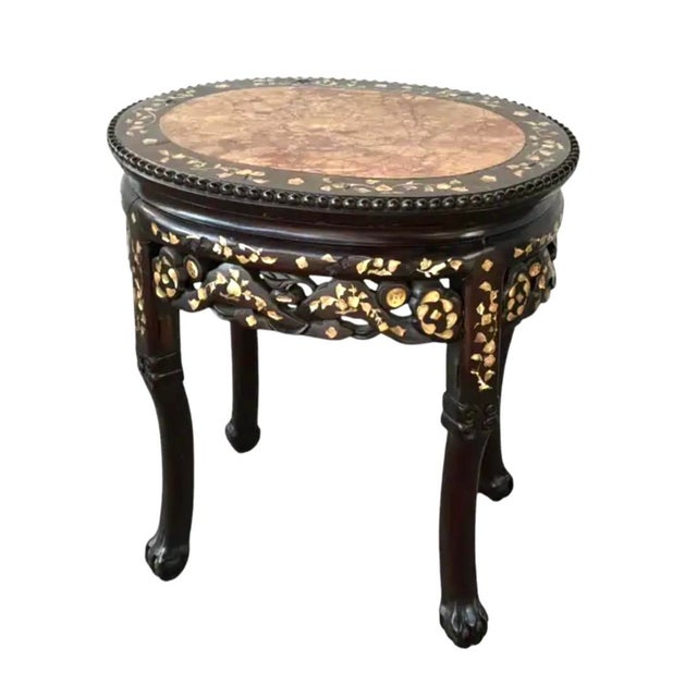 Chinese Rosewood and Mother-of-Pearl Inlaid Marble Top Plant Stand For Sale - Image 11 of 16