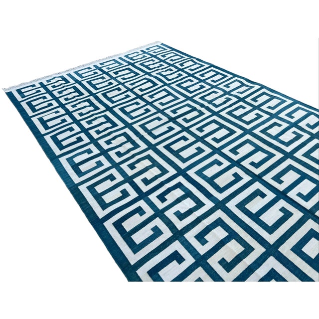 Textile Not Yet Made - Made To Order Handmade Cotton Natural Vegetable Dyed Teal Blue and White Geometric Pattern Rug - 5'x7' For Sale - Image 7 of 11