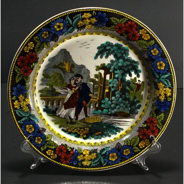 Illustration 1830s Creil-Montreau French Faience Polychrome Transfer Plate Courting Couple For Sale - Image 3 of 17