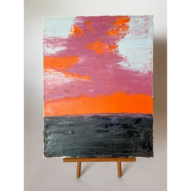 Striking and radiant sunset clouds and colors over a dim dusky landscape. The simplicity of this piece with the texture of...