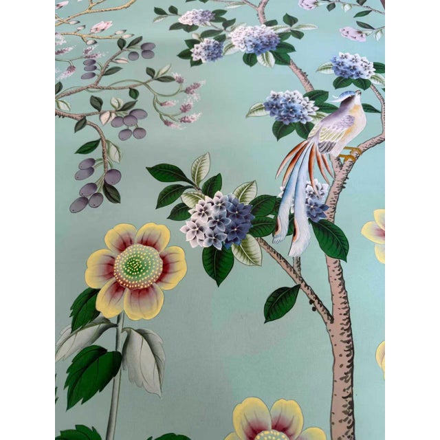 Art Deco Chinoiserie Hand-Painted Wallpaper Mural, Mint Green Oriental Garden Bird & Floral, 4 Panels For Sale - Image 3 of 5