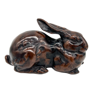 1960s Japanese Bronze-Tone Cast Iron Rabbit Sculpture – Meiji Style Reclining Hare - Mid-Century Modern, Asian, Spring, Easter