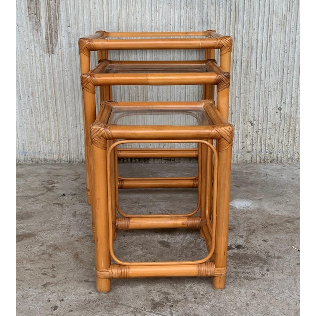 Wood Bamboo and Rattan Nesting Tables With Clear Glass Top For Sale - Image 7 of 8