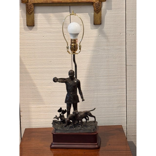 Wood 1950s Bronze Fox Hunting Lamp For Sale - Image 7 of 9