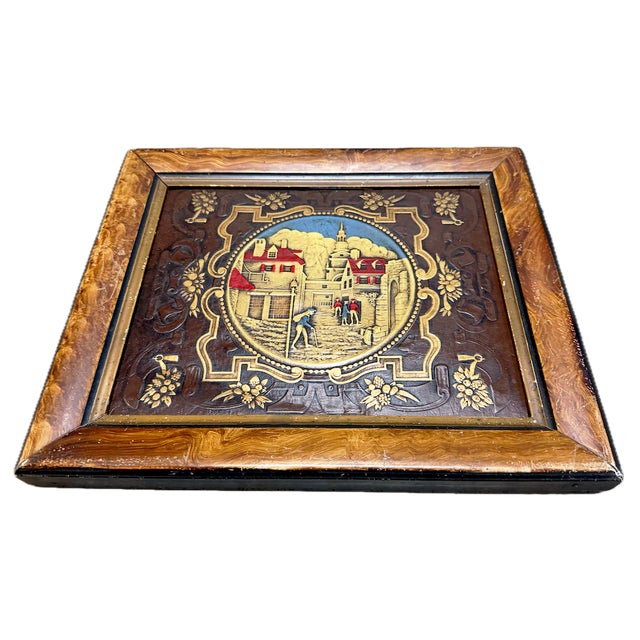 American Antique Framed Embossed Colonial Philadelphia Village Scene Leather Panel For Sale - Image 3 of 14